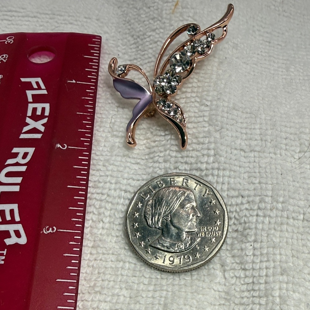 Rose Gold Butterfly Brooch with Lavender Enamel and Clear Crystals
